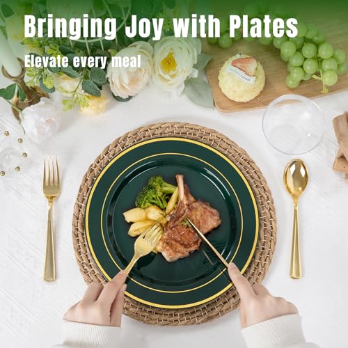 Green Plastic Party Plates Set for 50 Guests - Gold & Rolled Napkins, Disposable Dinnerware