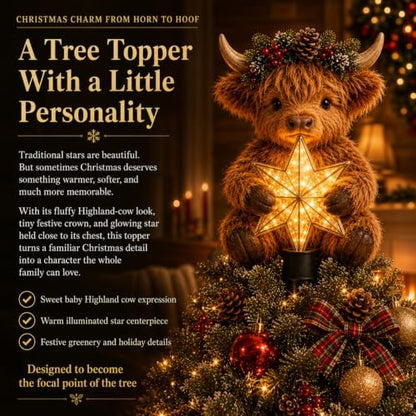Baby Highland Cow Glowing Star Tree Topper - Lighted Christmas Decor 1PC
