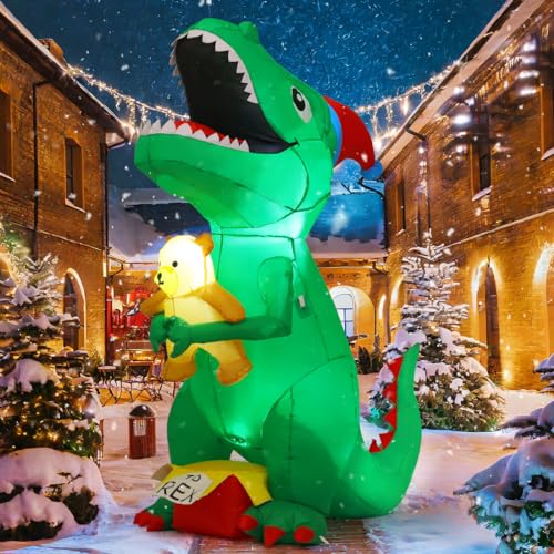 Christmas Dinosaur Inflatable Yard Decoration with LEDs, T Rex Holding Bear & Xmas Hat