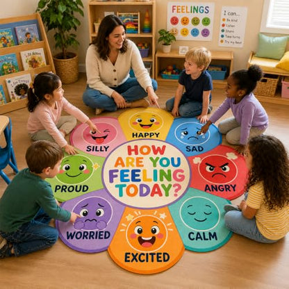 Kids Emotions Classroom Rug - Flower Shape Feelings Chart Floor Mat for Circle Time