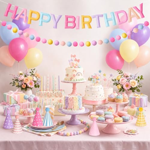 Pastel Rainbow Happy Birthday Banner Set with Party Hats - Soft Colors