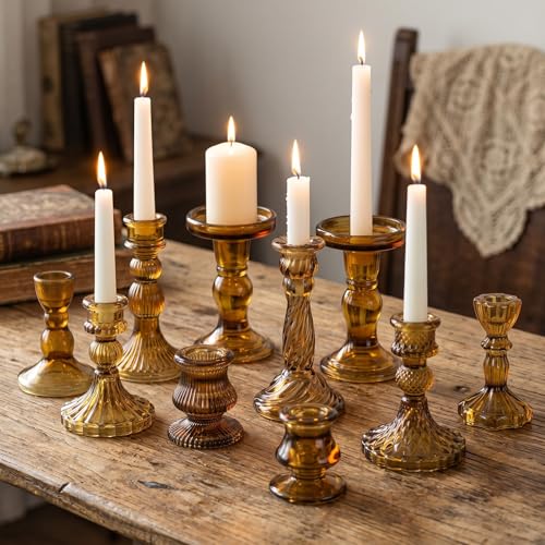 10 Pack Glass Candle Holders Crystal Taper Candlestick Set Brown Classic