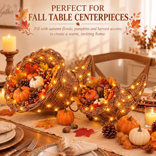 2 Pack Woven Rattan Cornucopia Basket with LED String Lights - Farmhouse Thanksgiving Decor