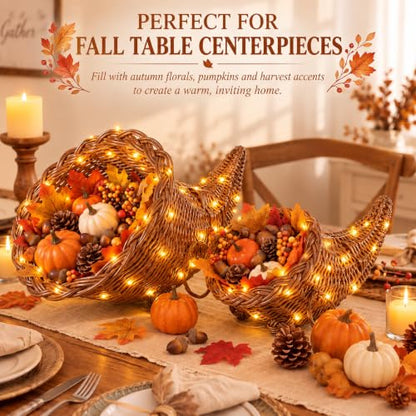 2 Pack Woven Rattan Cornucopia Basket with LED String Lights - Farmhouse Thanksgiving Decor