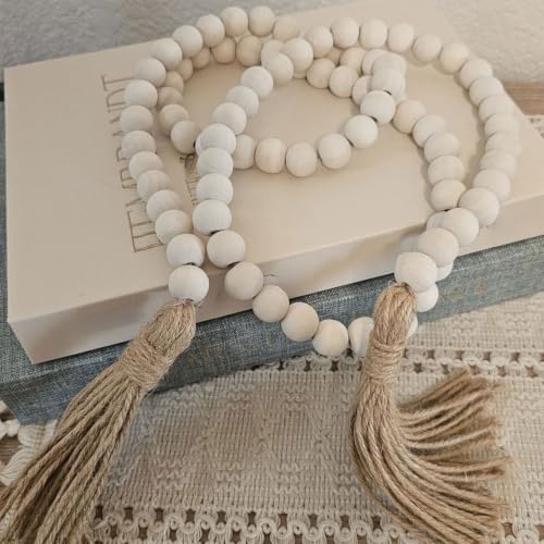Wood Bead Garland for Farmhouse & Rustic Home Decor - 39 Inch Natural Beads with Linen Tassels