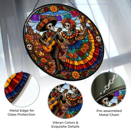 La Catrina Couple Suncatcher Stained Glass Panel - 11.8 Inches, Vibrant Art Decor - Variation of La Catrina Couple 1 / 30cm/11.8in