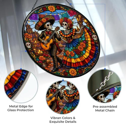 La Catrina Couple Suncatcher Stained Glass Panel - 11.8 Inches, Vibrant Art Decor - Variation of La Catrina Couple 1 / 30cm/11.8in