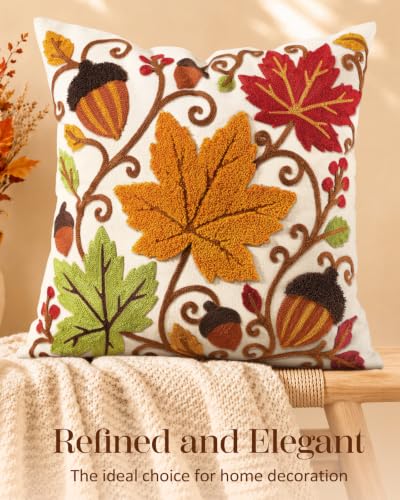 Fall Embroidered Throw Pillow Cover 18x18 Inch - Maple Acorn - Pack of 1