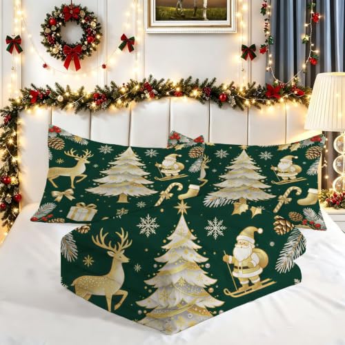 Christmas Comforter Set Queen Size - Gold Reindeer Tree Bedding 3 Pcs - Holiday Bedding