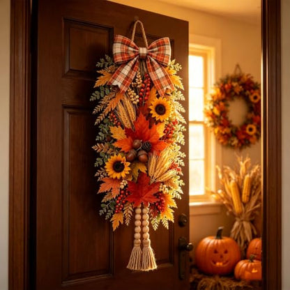Rustic Wooden Fall Door Swag with Sunflowers, Maple Leaves & Acorns