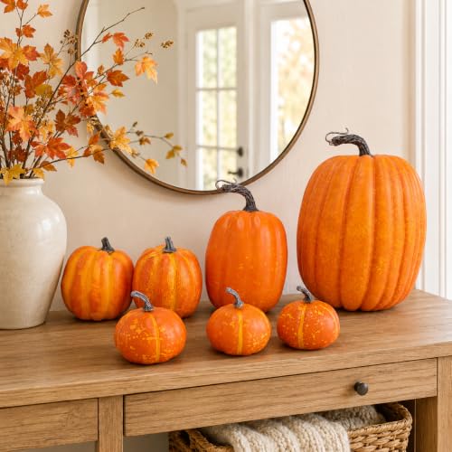 7-Piece Artificial Pumpkins Set for Fall Harvest Decor - Rustic Autumn Decorations