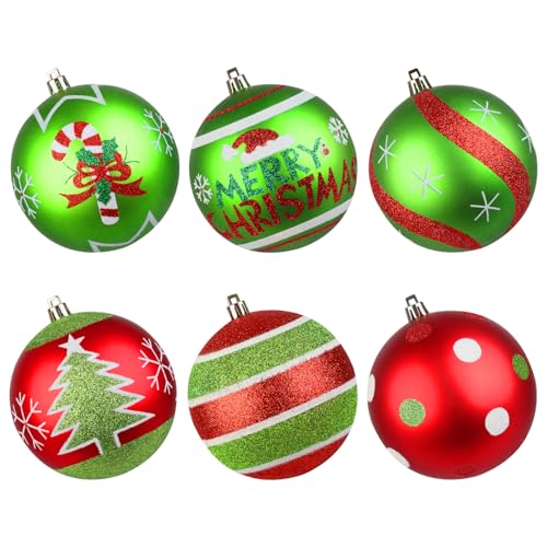 Lanpn 6 Pack 4-Inch Large Outdoor Christmas Ornaments - Red & Green Glitter String Ball Decorations for Yard & Holiday Party - Style B
