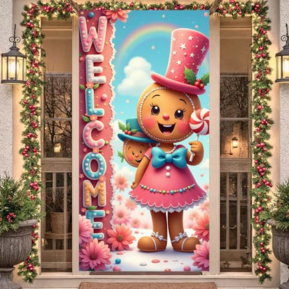 Pink Gingerbread Christmas Door Cover Decorations Welcome Banner Front Door Sign Holiday Outdoor Indoor