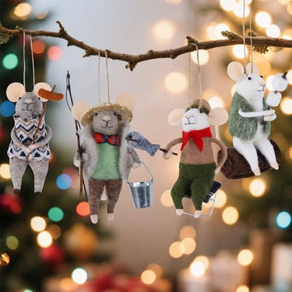 Christmas Felt Mouse Ornaments Set of 4 - Holiday Wool Decorations for Tree Wreath Gift