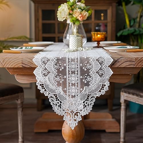 SUTAVIA White Embroidery Table Runner 13x98 Floral Lace Farmhouse Decor