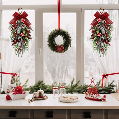 Christmas Teardrop Swag Decorations - Red Checked Bow, Pinecones & Bells, 28 Inch - Green Variation