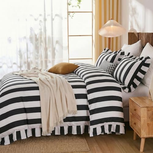 King Size Cotton Comforter Set Black & White Wide Stripes Ruffled Edges - All Seasons