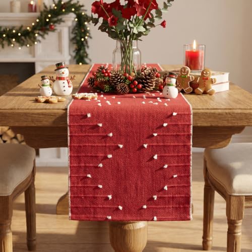 Red Farmhouse Rustic Cotton Woven Table Runner 12x36 Inch for Holiday & Home Decor