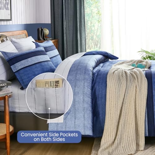 Navy Blue Queen Comforter Set 7 Pieces Striped Bed in a Bag - Soft Microfiber