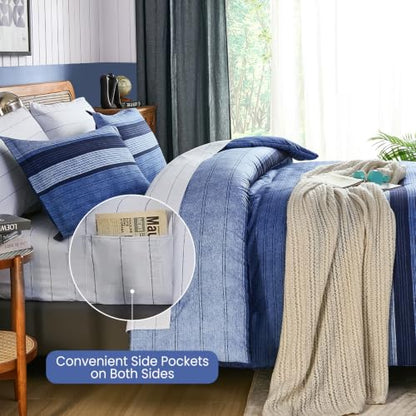 Navy Blue Queen Comforter Set 7 Pieces Striped Bed in a Bag - Soft Microfiber