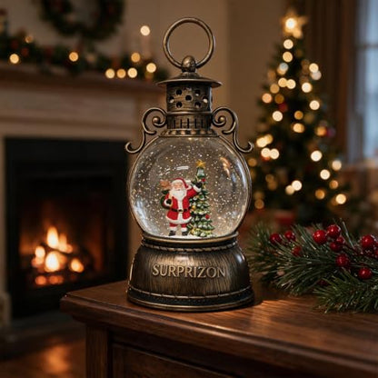 Christmas Snow Globe Lantern with Music & LED Lights - Santa Scene, USB & Battery Powered