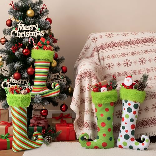 Skicuff 4-Pack 19-Inch Green Christmas Elf Stockings with Faux Fur Hanging Decor