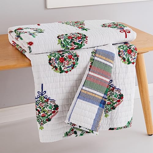 Festive Baubles Holiday Quilt Throw 50x60in Cotton Christmas Decor