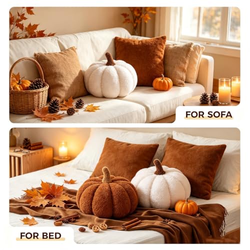 Pumpkin Shaped Throw Pillows Set of 2 - White and Brown Thanksgiving Decor
