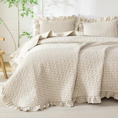 WINLIFE Tan Brown Gingham Twin Quilt Set with Ruffles - 68x90 Inches