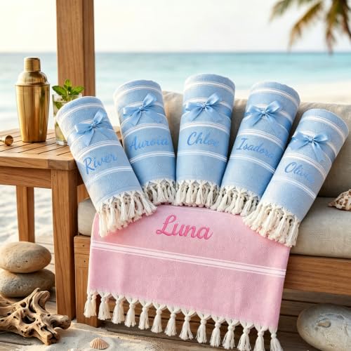 Personalized Turkish Beach Towel with Embroidered Name - Light Blue, Oversized 40 x 71 Inches Cotton, Bridesmaid Gift & Bachelorette Party Favors