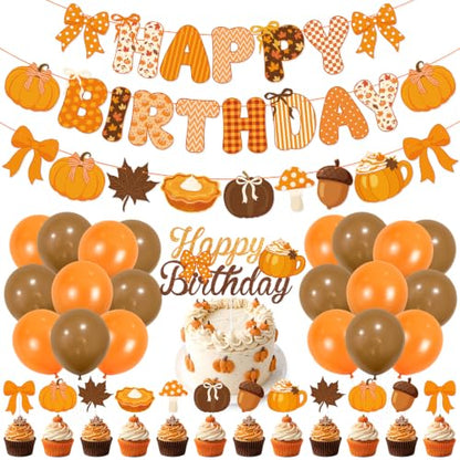Fall Birthday Party Decorations Set with Banners, Balloons & Cake Toppers