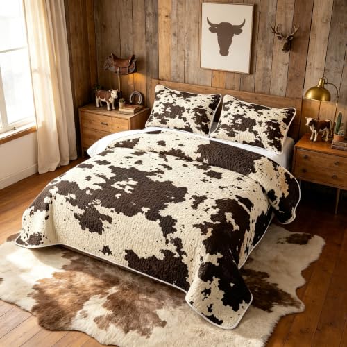 Cowhide Quilt Set with Pillowcases - Black White Full Bedding Set - All Season Microfiber Bedspread