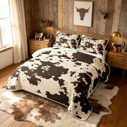 Cowhide Quilt Set with Pillowcases - Black White Full Bedding Set - All Season Microfiber Bedspread