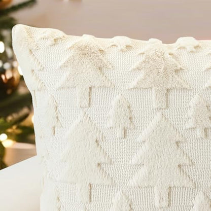 Christmas Tree Throw Pillow Cover 12x20in Faux Fur Wool Decorative Cushion - Cream Beige
