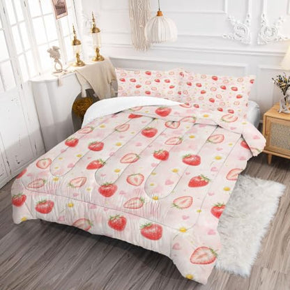 Twin Pink Strawberry Comforter Set for Girls Kids Teens - Kawaii Floral Bedding