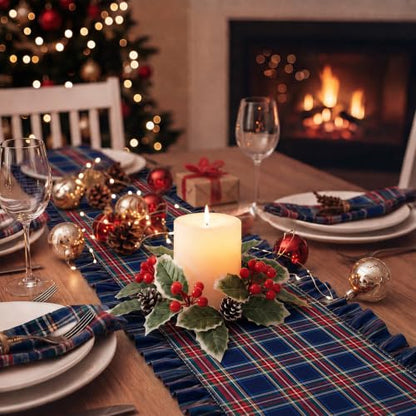 Navy Blue and Red Tartan Christmas Table Runner 72 Inch Ruffled