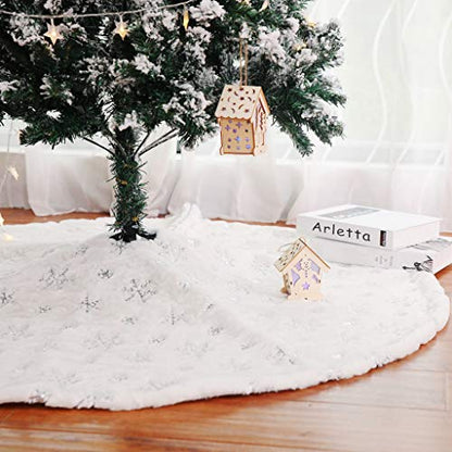 Christmas Tree Skirt 30 Inch Silver Snowflake Embroidery Faux Fur Decor