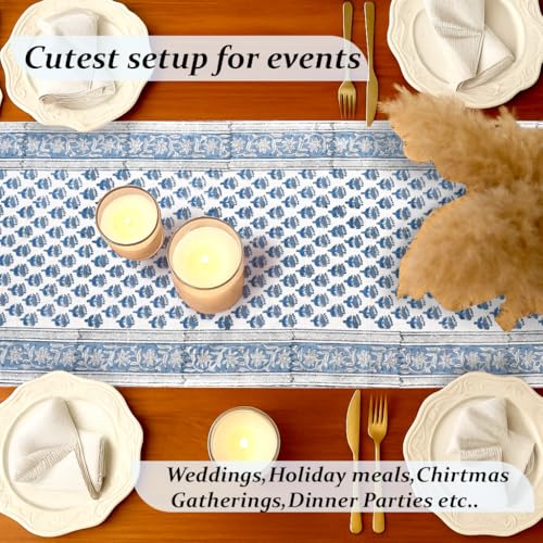 Apatite Blue Block Print Cotton Table Runner 16x106 Inch - Handcrafted
