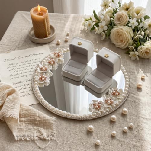 Wedding Mirror Tray with 2 Ring Boxes - Pearl Roses & Reflective Centerpiece