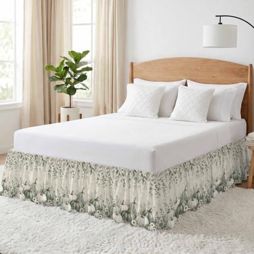 Fall Green Pumpkins Bed Skirt King Size 16 Inch Drop Beige Elastic Dust Ruffle