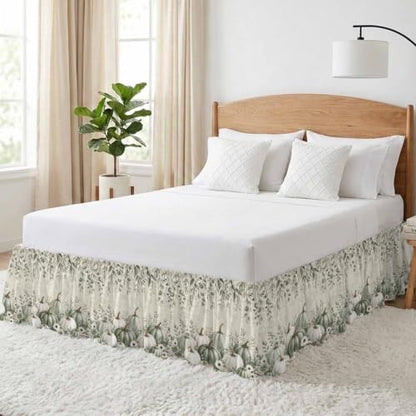 Fall Green Pumpkins Bed Skirt King Size 16 Inch Drop Beige Elastic Dust Ruffle