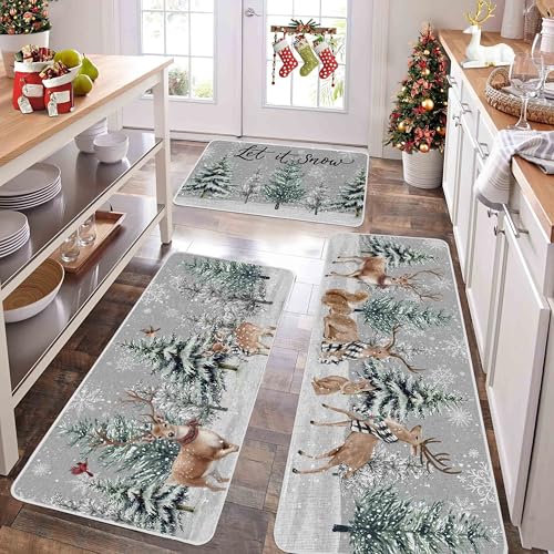 Christmas Winter Kitchen Rugs Set of 3 Snowy Pine Deer Snowflakes Non Slip Mats - 17x29, 17x36, 17x47 - Washable Holiday Floor Decor