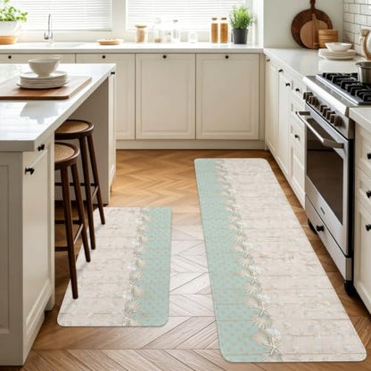 Beach Kitchen Rugs Set of 2 - Mint, Seafoam, Sand, Cream, 40x60 + 40x120 Inches