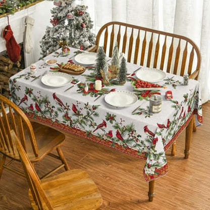 Christmas Tablecloth 60 x 84 Inch Rectangular Red & Green Cardinal Bird