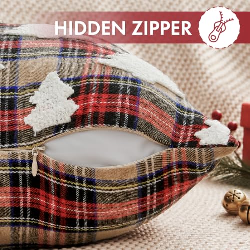Christmas Pillow Covers 20x20 Set of 2 Khaki Plaid Tuffed Holiday Decor