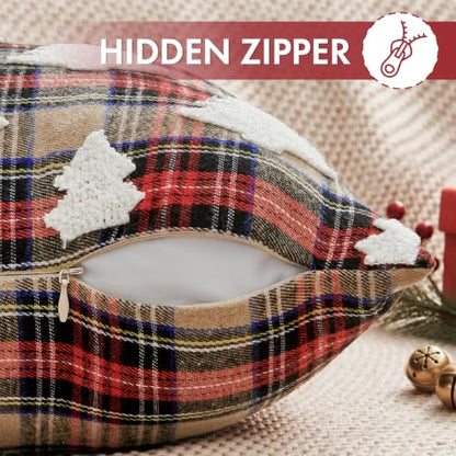 Christmas Pillow Covers 20x20 Set of 2 Khaki Plaid Tuffed Holiday Decor