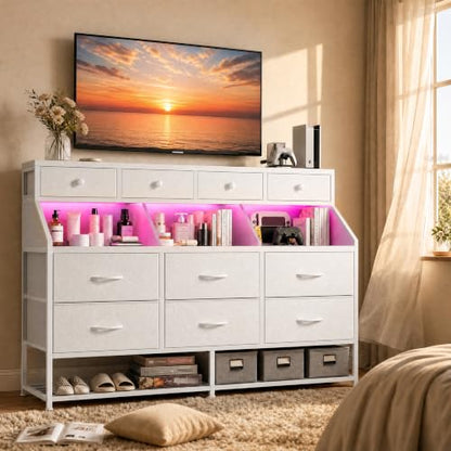 2-in-1 Dresser with 10 Drawers, Shoe Rack & LED Lighting - White Variation