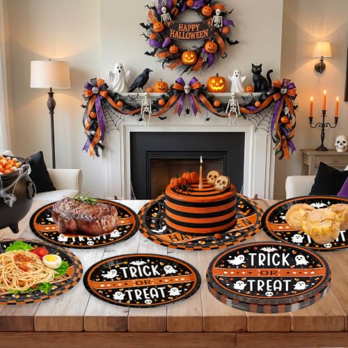 Halloween Ghost Paper Plates & Bowls Set - Disposable Tableware for Party, 50 Pieces
