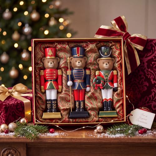 Christmas Bear Nutcracker Figurines Set - Standing Resin Holiday Decor, 3 Pieces