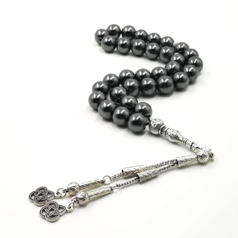 Natural Hematite Stone Tasbih Prayer Beads 33 Count Islamic Jewelry with Metal Tassel 10mm